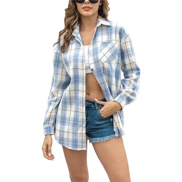 Tops - Womens Oversized Flannel Plaid Soft Shirt Blue